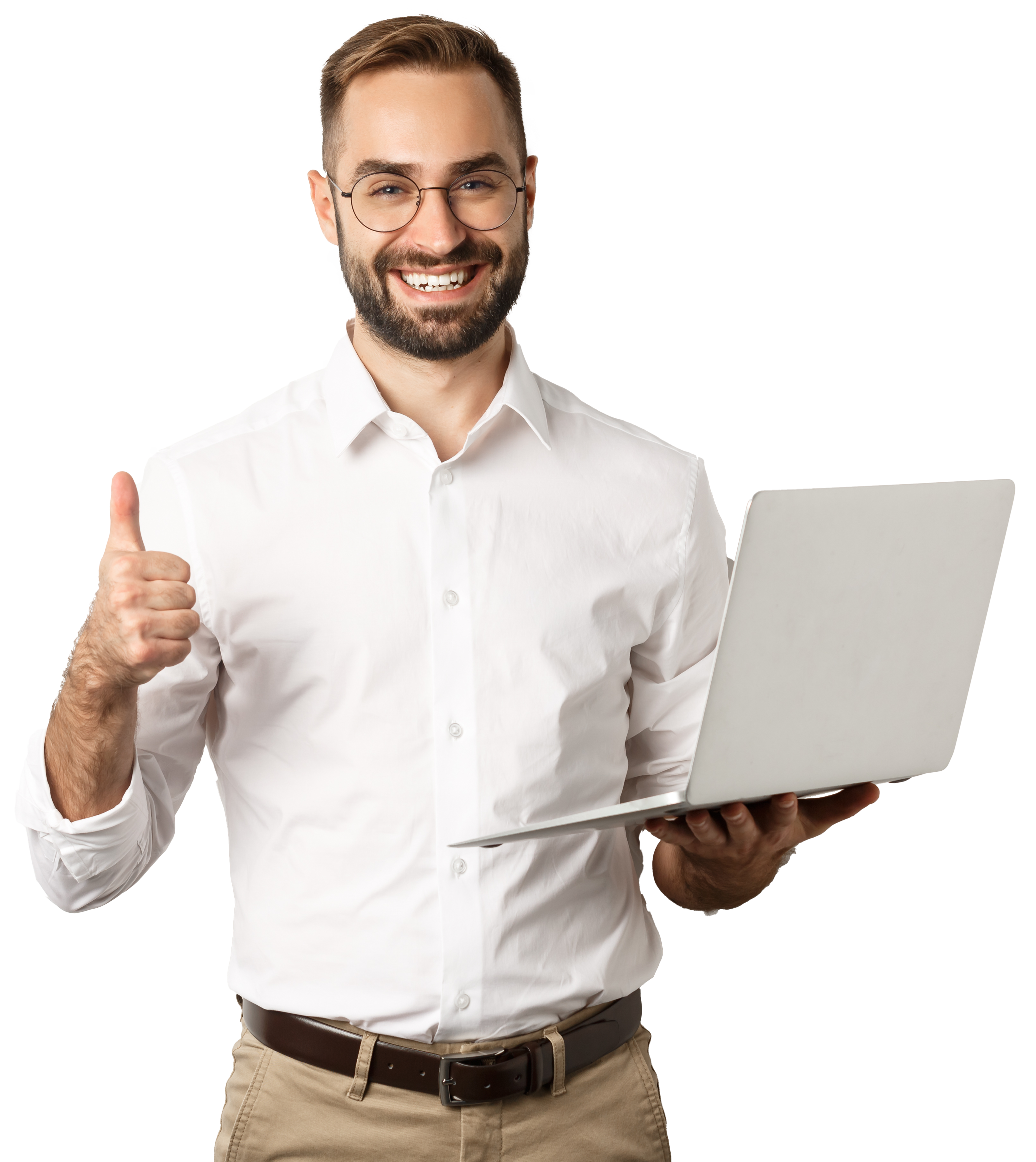 Profesional de SUTI con portátil invitando a conversar sobre un proyecto